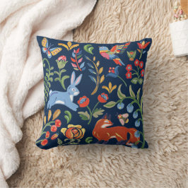 Navy Blue Folk Art Woodland Tierblumendekor Kissen