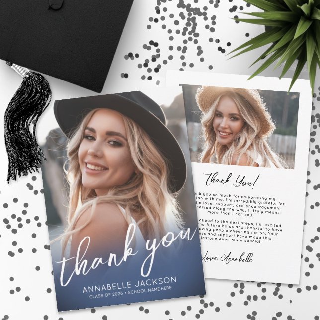 Navy Blue Foto Abschlussfeier Dankeskarte (Navy Blue Photo Graduation Thank You Card)