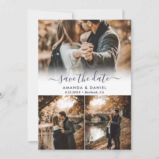 Navy Blue Foto Collage Speichern Sie die Datumskar Save The Date (Vorderseite)