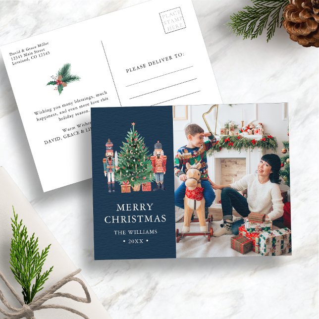 Navy Blue Foto Feiertagspostkarte (Navy Blue Nutcracker Christmas Photo Holiday Postcard
)