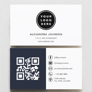 Navy Blue Foto mit QR Code Social Media Visitenkarte