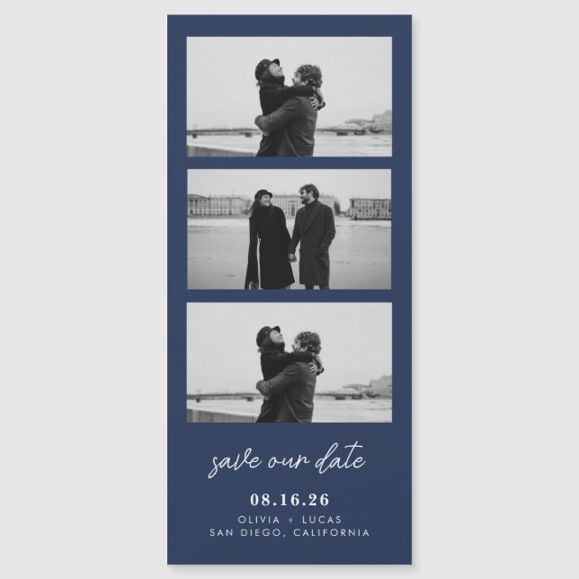 Navy Blue Foto Strip Magnetic Wedding Magnetkarte (Vorderseite)