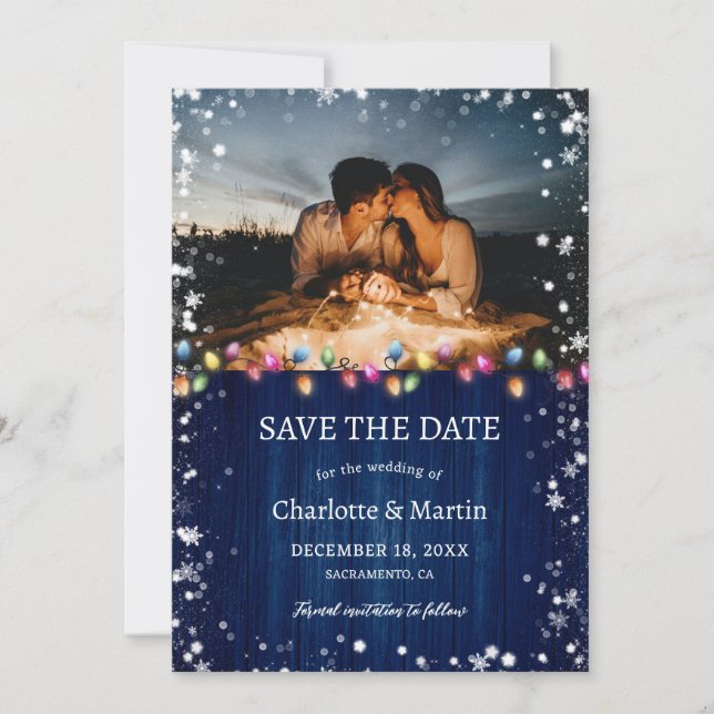 Navy Blue Foto WeihnachtsLICHT Weihnachtsfeier Save The Date (Vorderseite)