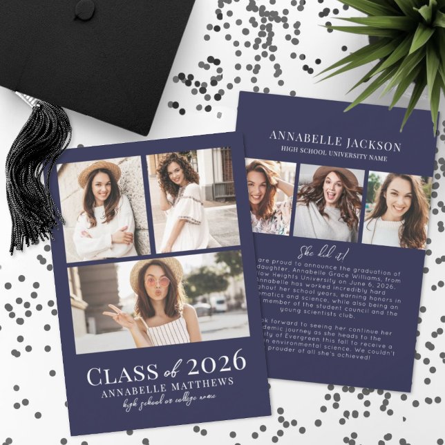 Navy-Blue-Fotocollage Abschlussfeier Ankündigung (Navy Blue Photo Collage Graduation Announcement )