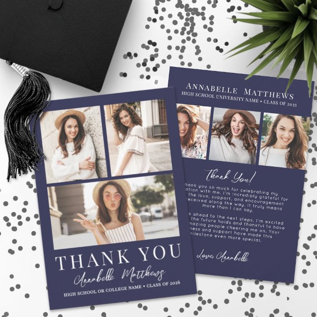 Navy-Blue-Fotocollage Abschlussfeier Dankeskarte (Navy Blue Photo Collage Graduation Thank You Card)