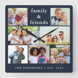 Navy-Blue-Fotocollage Familie Freunde Quadratische Wanduhr
