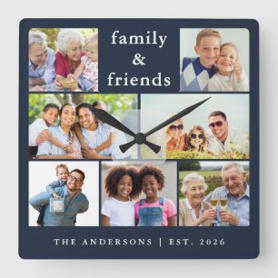 Navy-Blue-Fotocollage Familie Freunde Quadratische Wanduhr