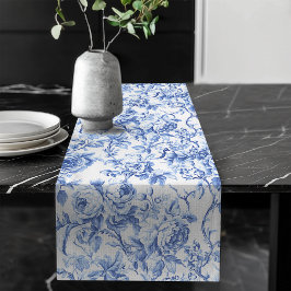 Navy Blue French Toile Roses Floral Table Runner Großer Tischläufer