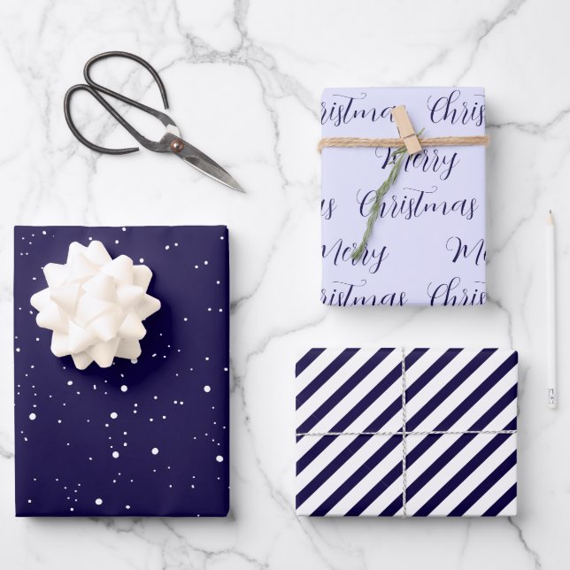 Navy Blue Frohe Weihnachts Mix Geschenkpapier Set (Vorderseite)