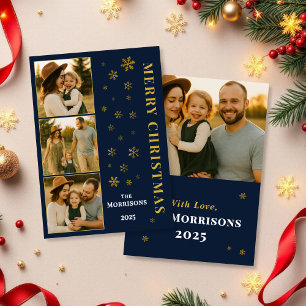 Navy Blue Frohe Weihnachtsfamilie Foto Snowflake Feiertagskarte