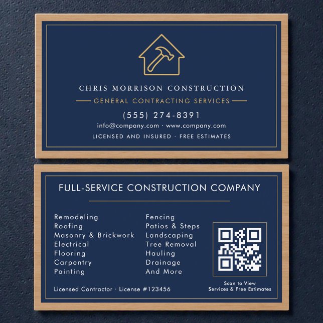 Navy Blue General Contractor QR Code Wood  Visitenkarte (Von Creator hochgeladen)
