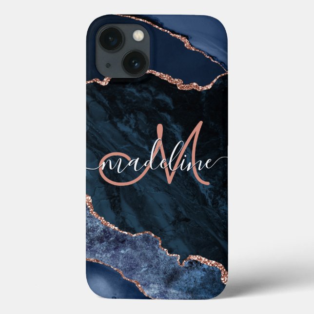 Navy Blue Geode Agate Rose Glitzer Mit Monogramm Case-Mate iPhone Hülle (Rückseite)