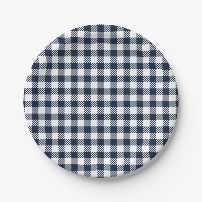 Navy Blue Gingham Kariert Pappteller (Vorderseite)