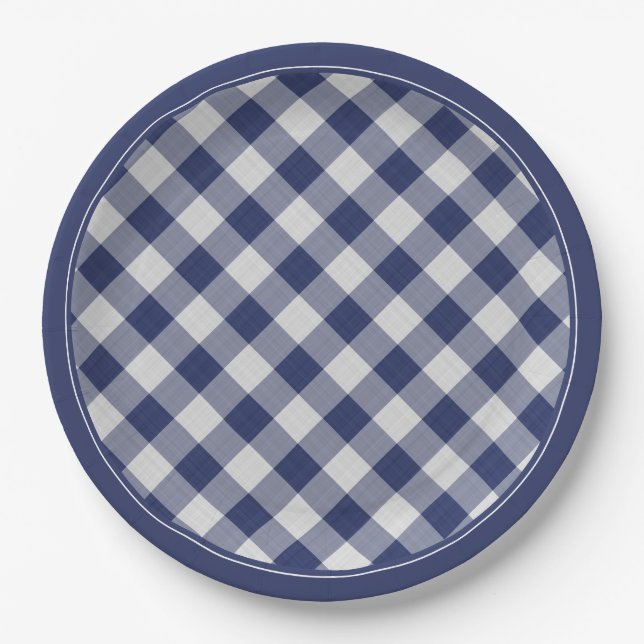 Navy Blue Gingham Karos Pattern Einfach Kariert Pappteller (Vorderseite)