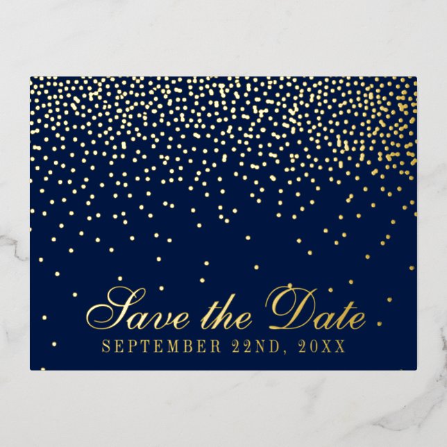 Navy Blue & Glam Confetti Save the Date Real Folie Einladungspostkarte (Vorderseite)