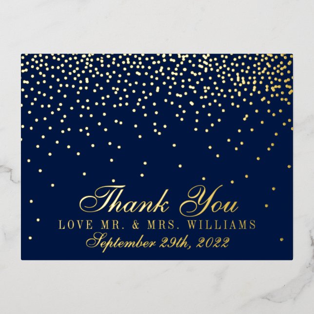 Navy Blue & Glam Confetti Wedding Vielen Dank Folie Einladungspostkarte (Vorderseite)