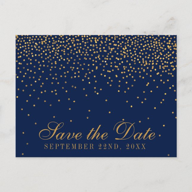Navy Blue & Glam Gold Confetti Save the Date Ankündigungspostkarte (Vorderseite)
