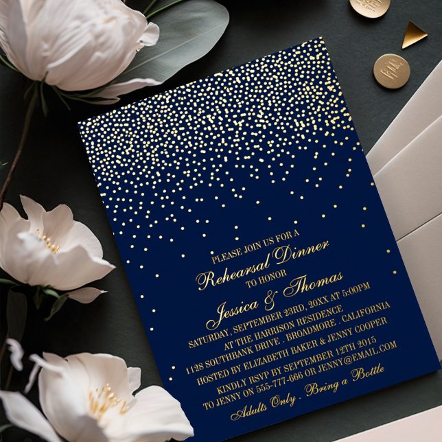 Navy Blue & Glam Gold Confetti Wedding Probe Folieneinladung (Von Creator hochgeladen)