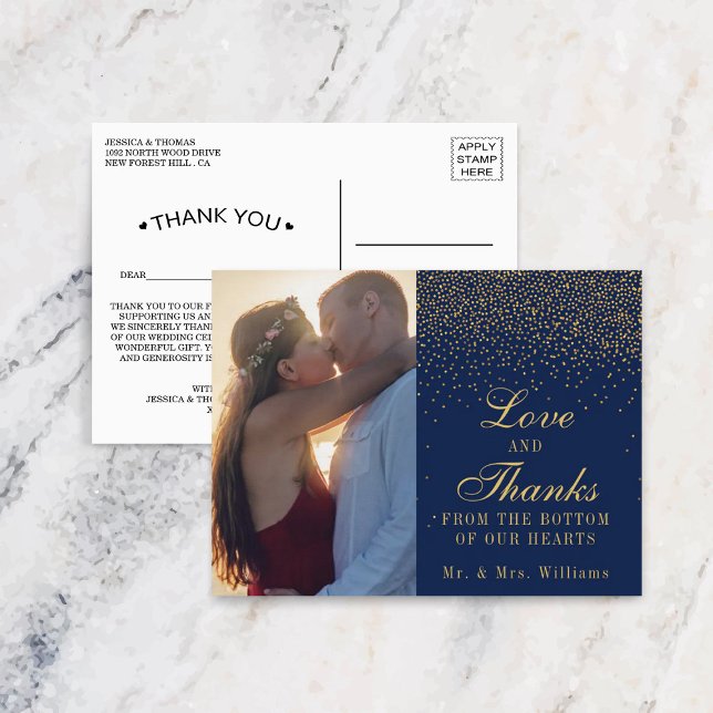 Navy Blue & Glam Gold Confetti Wedding Vielen Dank Postkarte (Von Creator hochgeladen)
