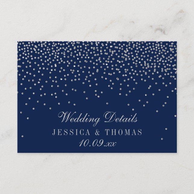 Navy Blue & Glam Silver Confetti Hochzeitsdetails Begleitkarte (Vorderseite)