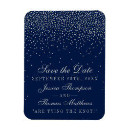 Navy Blue & Glam Silver Confetti Save the Date Magnet