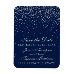 Navy Blue & Glam Silver Confetti Save the Date Magnet