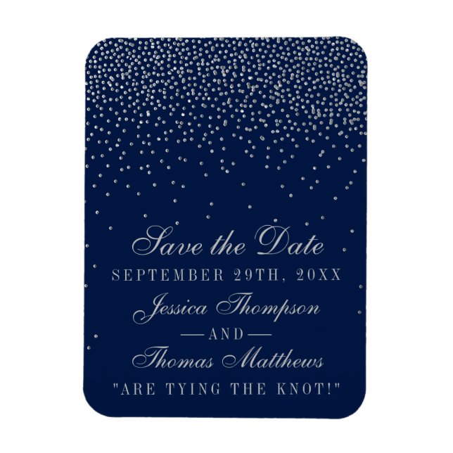 Navy Blue & Glam Silver Confetti Save the Date Magnet (Vertikal)