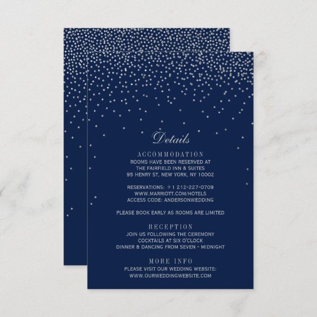 Navy Blue & Glam Silver Confetti Wedding Begleitkarte (Vorne/Hinten)