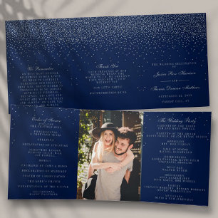 Navy Blue & Glam Silver Confetti Wedding Dreifach-gefaltete Programmkarte