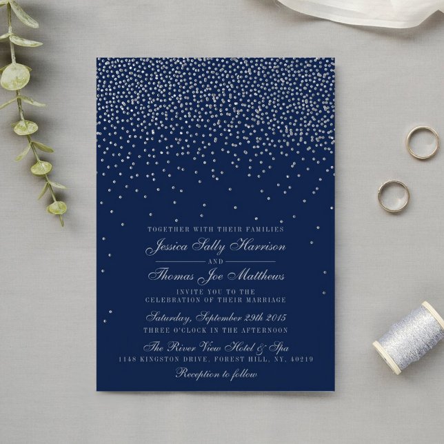 Navy Blue & Glam Silver Confetti Wedding Einladung (Von Creator hochgeladen)