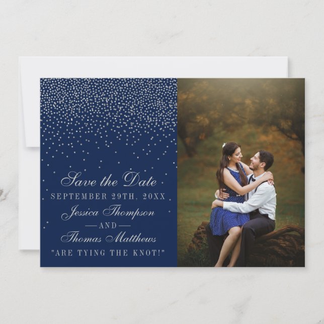 Navy Blue & Glam Silver Confetti Wedding Foto Save The Date (Vorderseite)