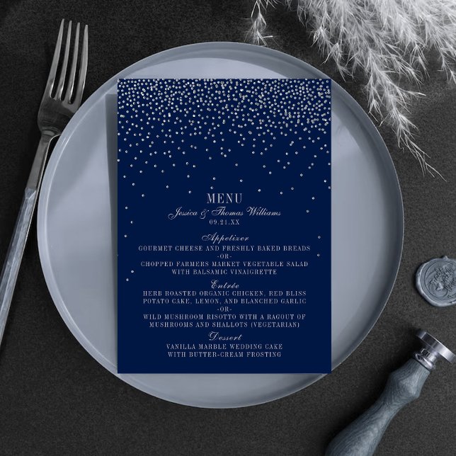 Navy Blue & Glam Silver Confetti Wedding Menu Menükarte (Von Creator hochgeladen)