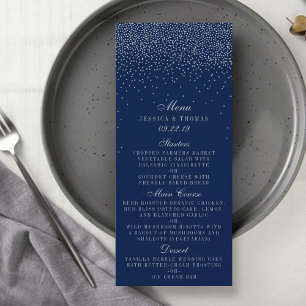 Navy Blue & Glam Silver Confetti Wedding Menu Werbekarte