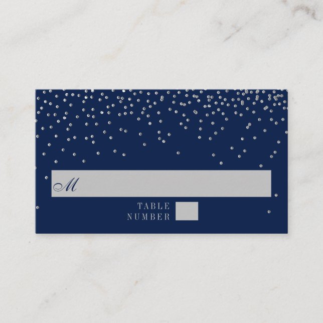 Navy Blue & Glam Silver Confetti Wedding Platzkarte (Vorderseite)