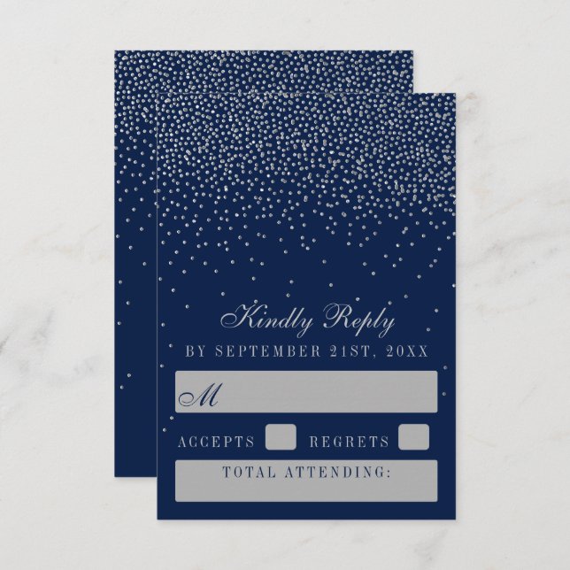 Navy Blue & Glam Silver Confetti Wedding RSVP Karte (Vorne/Hinten)