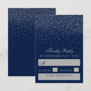 Navy Blue & Glam Silver Confetti Wedding RSVP Karte