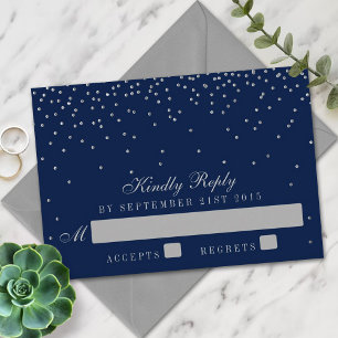 Navy Blue & Glam Silver Confetti Wedding RSVP Karte