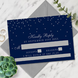 Navy Blue & Glam Silver Confetti Wedding RSVP Karte