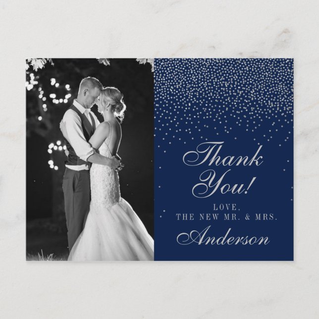 Navy Blue & Glam Silver Confetti Wedding Vielen Da Ankündigungspostkarte (Vorderseite)
