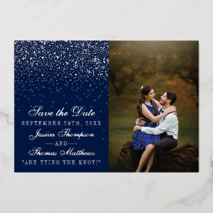 Navy Blue & Glam Silver Wedding speichern Sie das  Folieneinladung