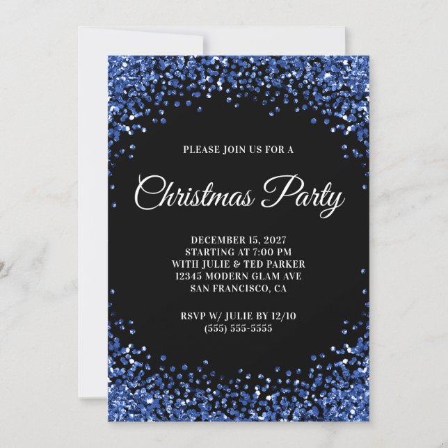 Navy Blue Glitter Border Black Christmas Party Einladung (Vorderseite)