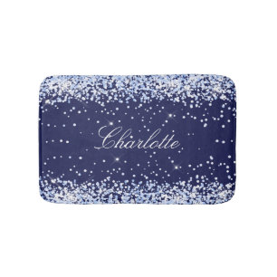 Navy blue glitter name monogram elegant badematte