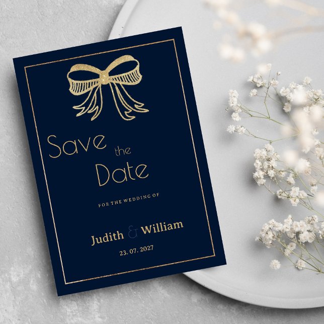 Navy Blue Glitzer Bugband Save the Date Einladung (Navy blue gold glitter bow ribbon Save the Date)