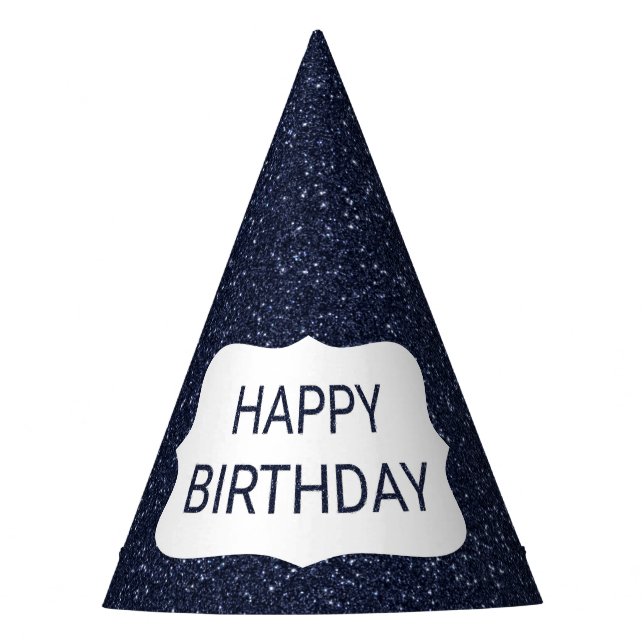 Navy Blue Glitzer Happy Birthday Partyhütchen (Vorderseite)