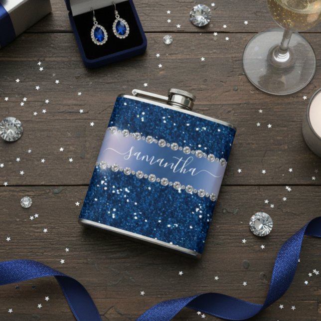 Navy Blue Glitzer Look Bling Personalisiert Metal Flachmann (Von Creator hochgeladen)