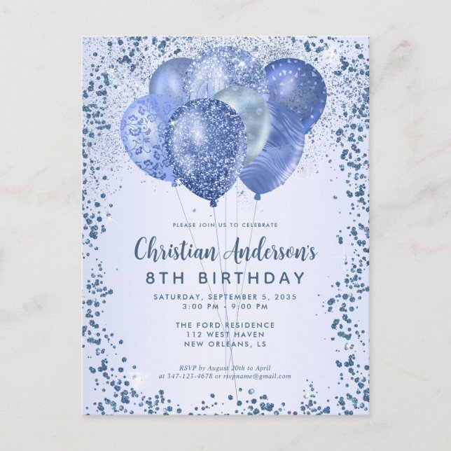 Navy Blue Glitzer Sparkle Balloon Kindergeburtstag Postkarte (Vorderseite)