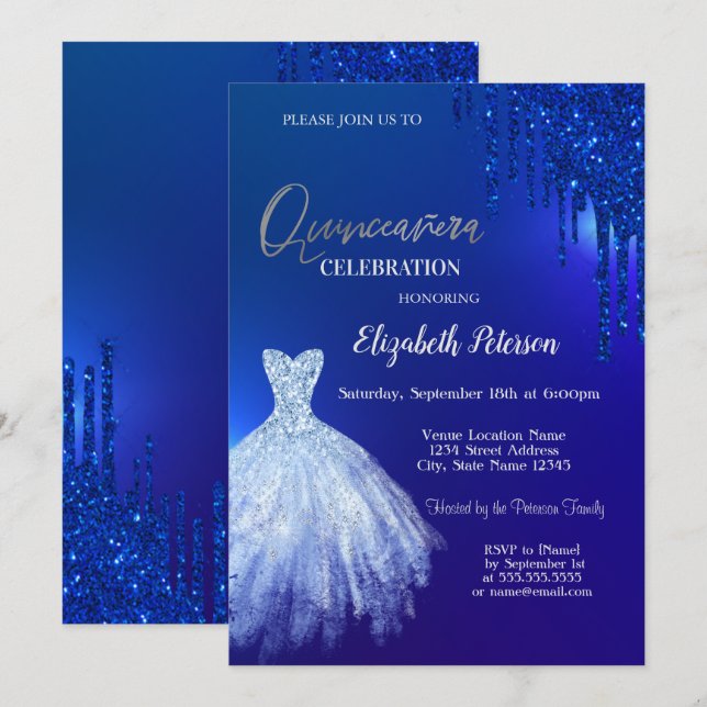 Navy Blue Glitzer Tropfen, Dress Blue Quinceañera Einladung (Vorne/Hinten)