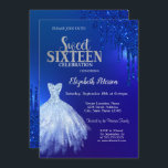 Navy Blue Glitzer Tropfen, Dress Blue Sweet 16 Einladung<br><div class="desc">Elegantes blaues Kleid und Glitzer Tropfen auf blauem Hintergrund.</div>
