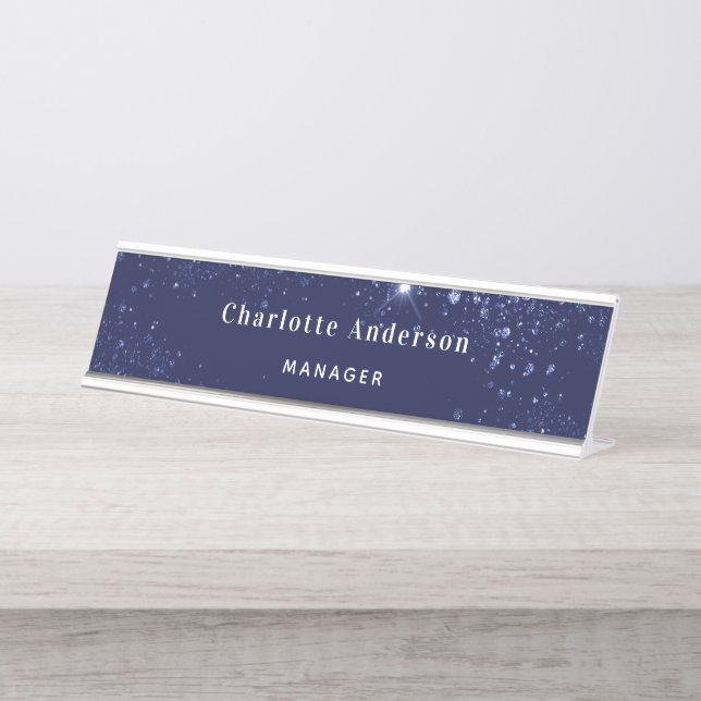 Navy Blue Glitzern name Classic Schreibtischnamensplakette (Vorderseite )