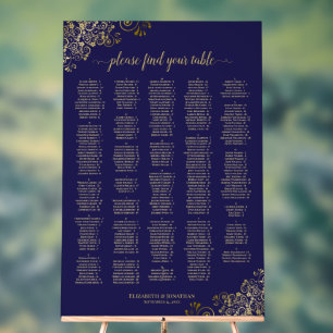 Navy Blue Gold 300 Name Alphabetical Seating Chart Acrylschild